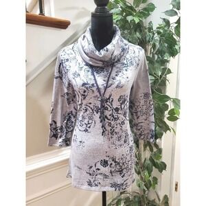 One World Womens Gray Floral Polyester Long Sleeve Cowl Neck Top‎ Blouse Medium